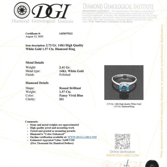 Blue Diamond Solitaire Engagement Ring Round Shape 1.57 Carat 14K White Gold - Picture 4 of 8